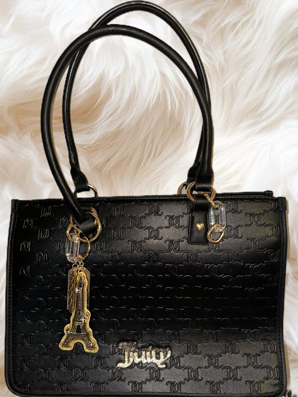 Juicy Couture Black Embossed Monogram Tote Bag with Eiffel Tower Charm